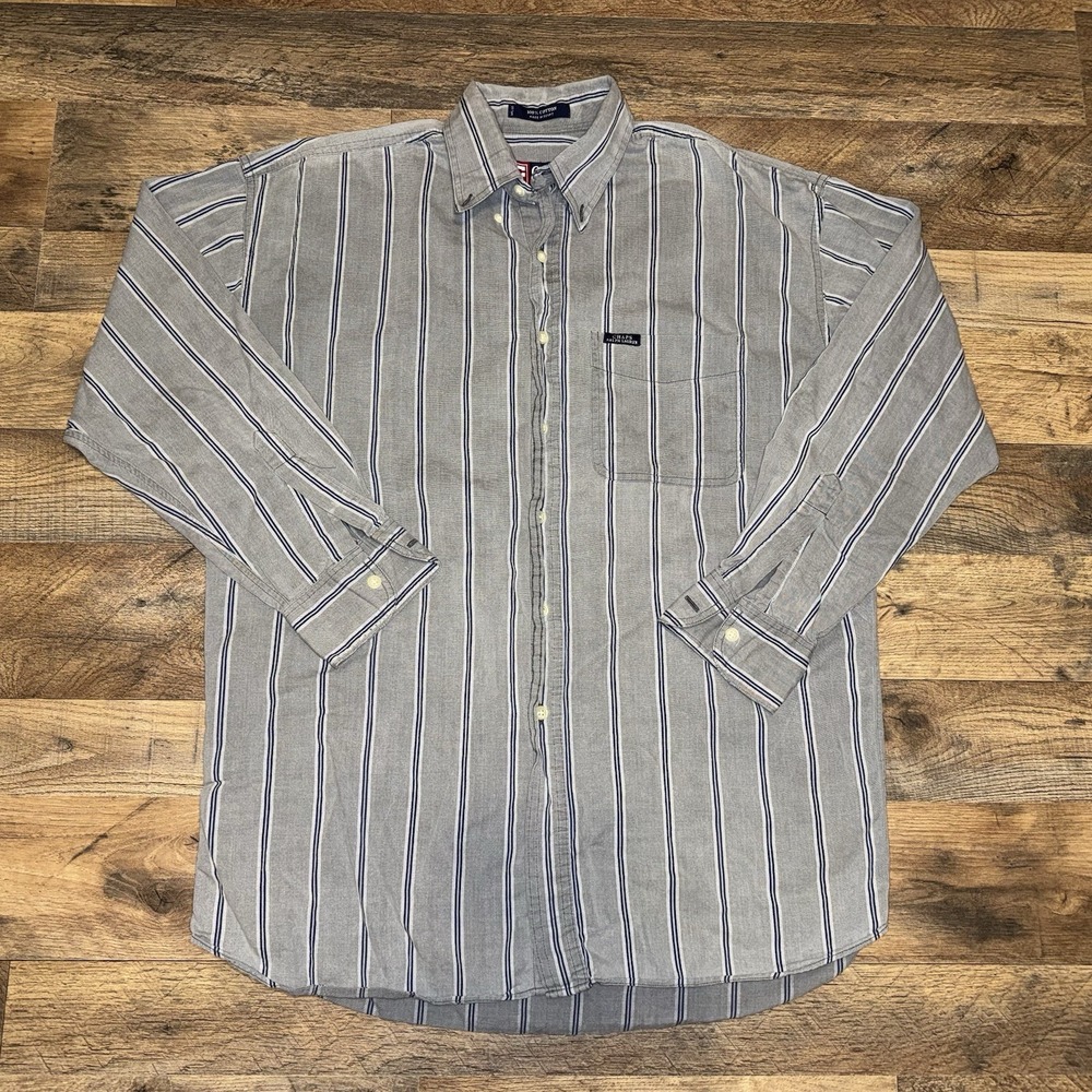 Chaps Ralph Lauren Button Down Shirt Mens M Grey Stripe Fair 61270 Long Sleeve